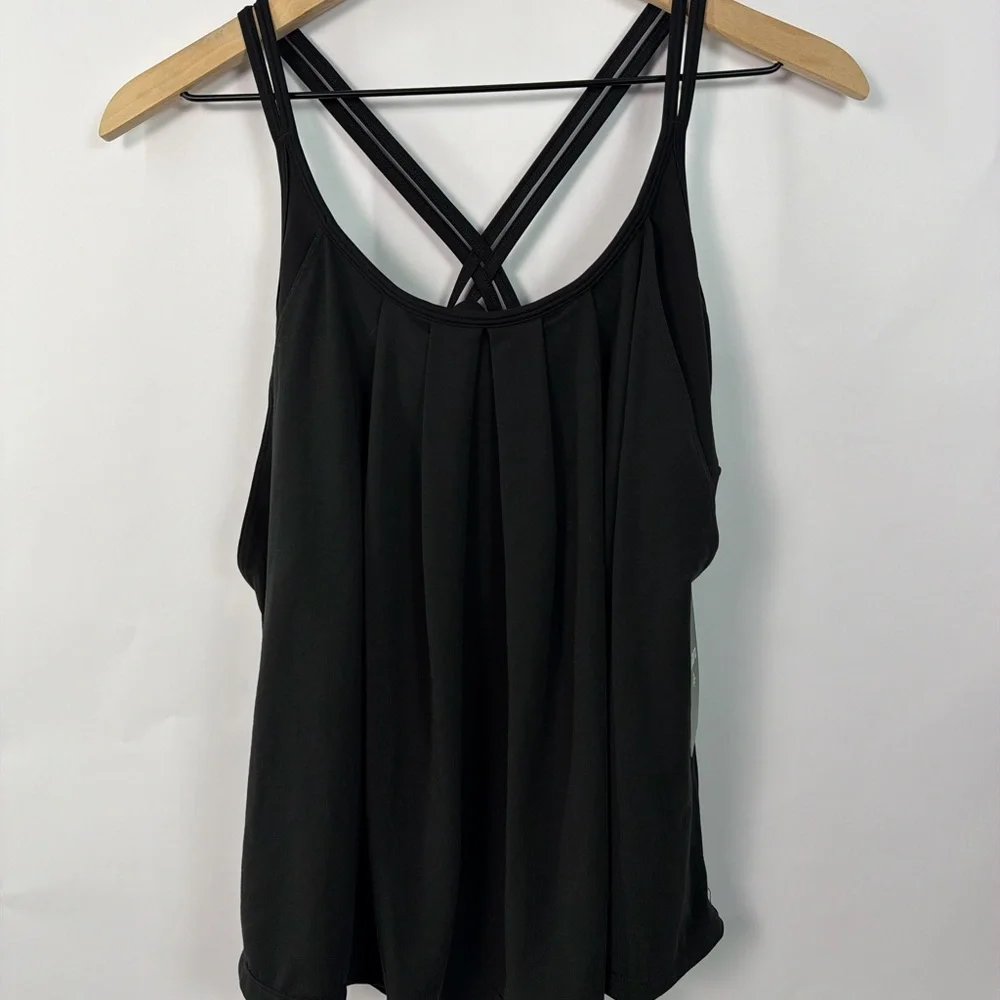 Halara Built In Bra Tank M Black Crisscross Back Flowy Draped Top NWT - Picture 2 of 12